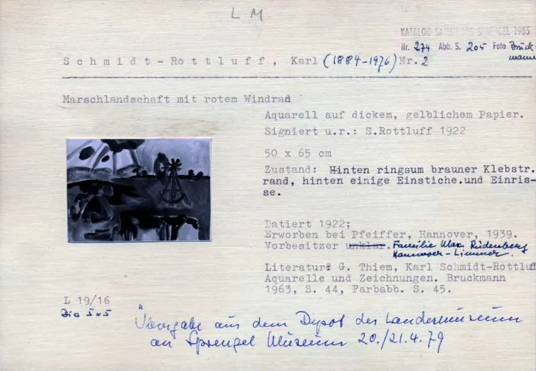 Inventarkarte Karl Schmidt-Rottluff, Marschlandschaft mit rotem Windrad (Erstellung Mitte der 1960er Jahre), Nachlass Bernhard Sprengel